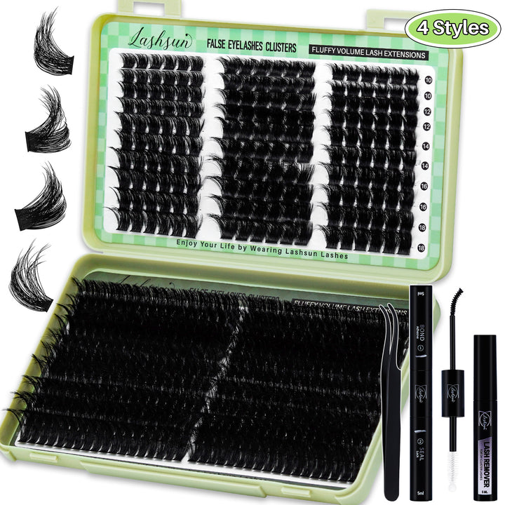 💫LASHSUN 540PCS D Curl Lash Extensions Kit – 3D Volume Individual Lash Clusters with Optional Tools
