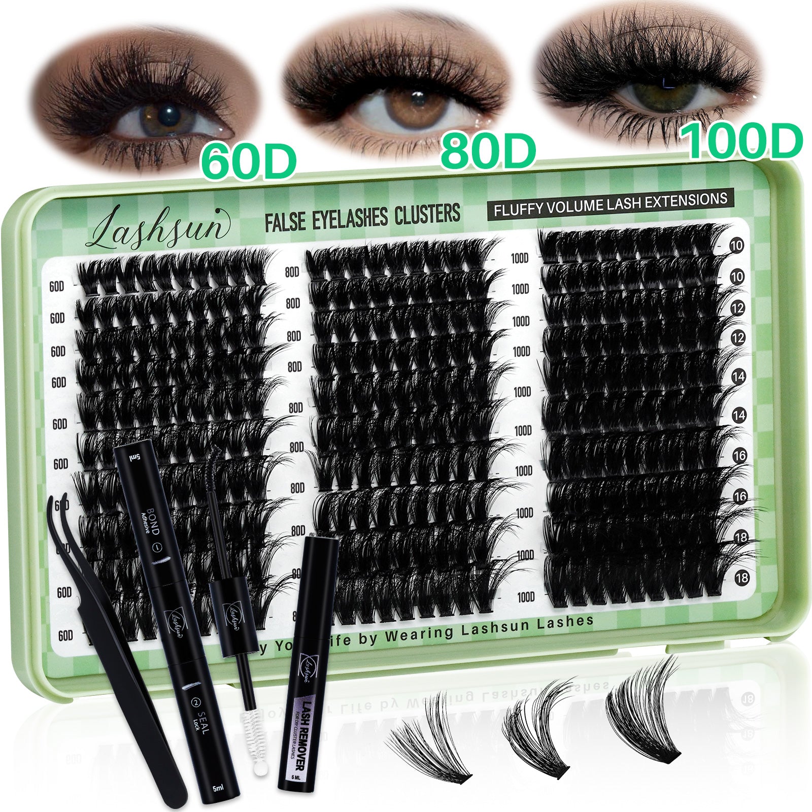 💫LASHSUN 280PCS D Curl Cluster Lashes Kit – 60D 80D 100D Volume with Bond & Seal