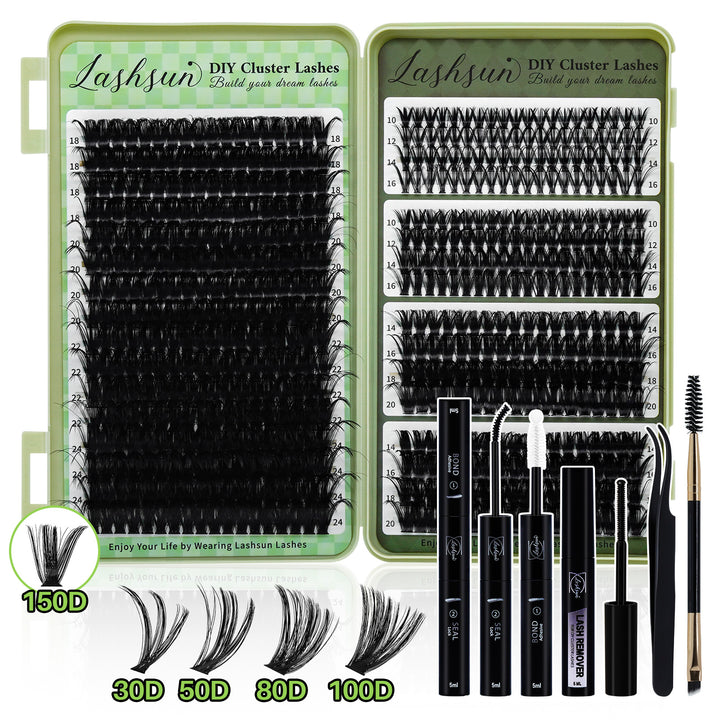 💫LASHSUN Mixed Cluster Lashes Kit – 30D to 150D Individual Lashes with Glue, Remover & Tools