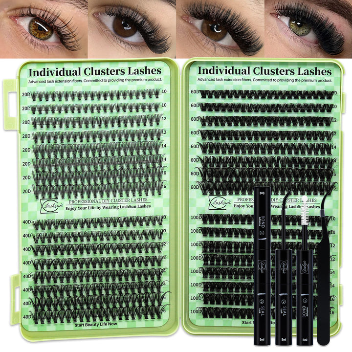 🎀LASHSUN Wispy Lash Clusters Kit 20D-40D-60D-100D with Bond & Seal