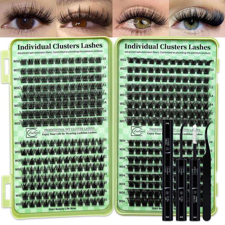 🎀LASHSUN Wispy Lash Clusters Kit W02-W06 with Bond & Seal & Tweezers