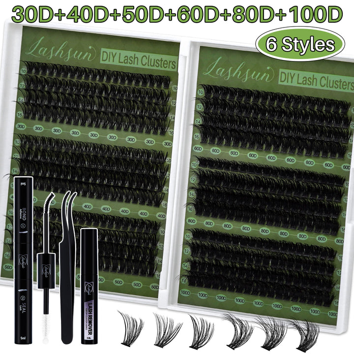 💫LASHSUN 456PCS D Curl Cluster Lashes Kit with Bond & Seal, Remover & Tweezers