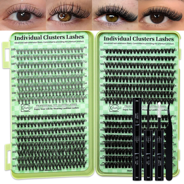 🎀LASHSUN Wispy Lash Clusters Kit 10D-30D-50D-80D with Bond & Seal