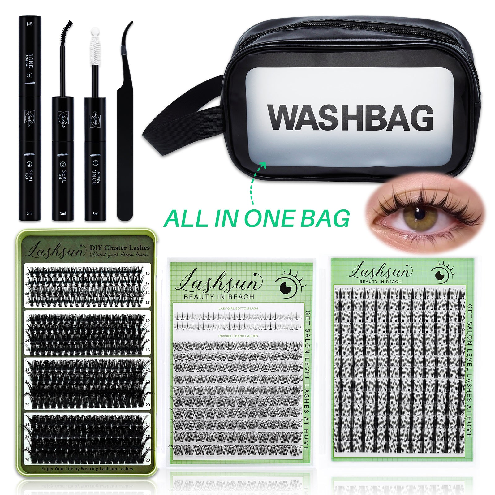 💫LASHSUN Cluster Lashes Washbag Kit – D Curl Lash Clusters with Bond & Seal & Travel Bag