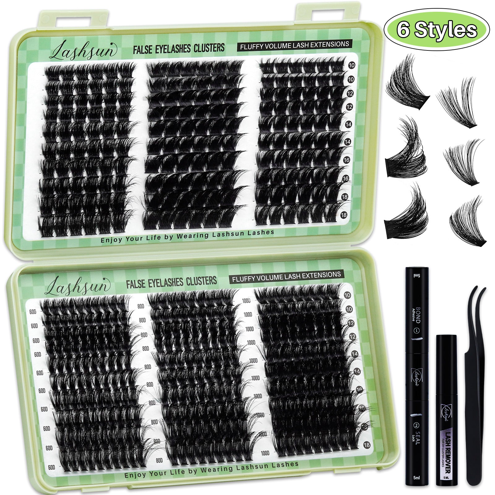 💫LASHSUN 460PCS D Curl Cluster Lashes Kit with Bond & Seal, Remover & Tweezers
