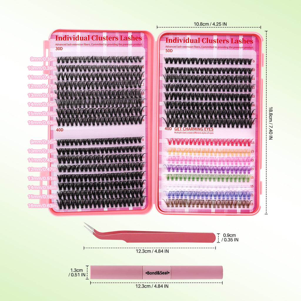 💖LASHSUN 640PCS Colored Lash Clusters DIY Extension Kit – D Curl Reusable Lash Clusters with Bond & Sea