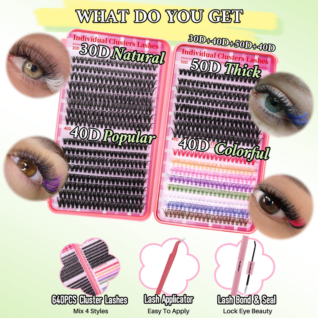 💖LASHSUN 640PCS Colored Lash Clusters DIY Extension Kit – D Curl Reusable Lash Clusters with Bond & Sea