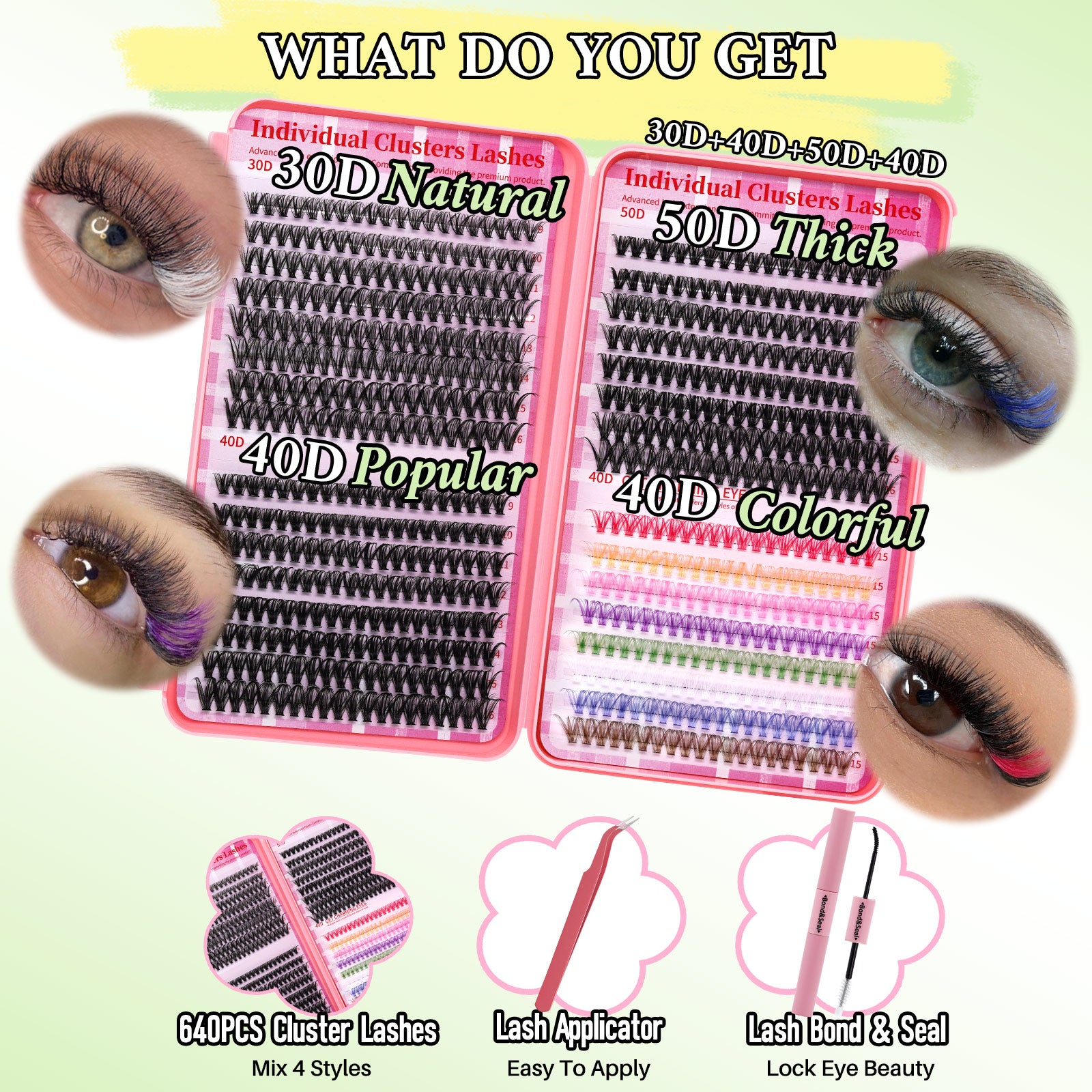 💖LASHSUN 640PCS Colored Lash Clusters DIY Extension Kit – D Curl Reusable Lash Clusters with Bond & Sea