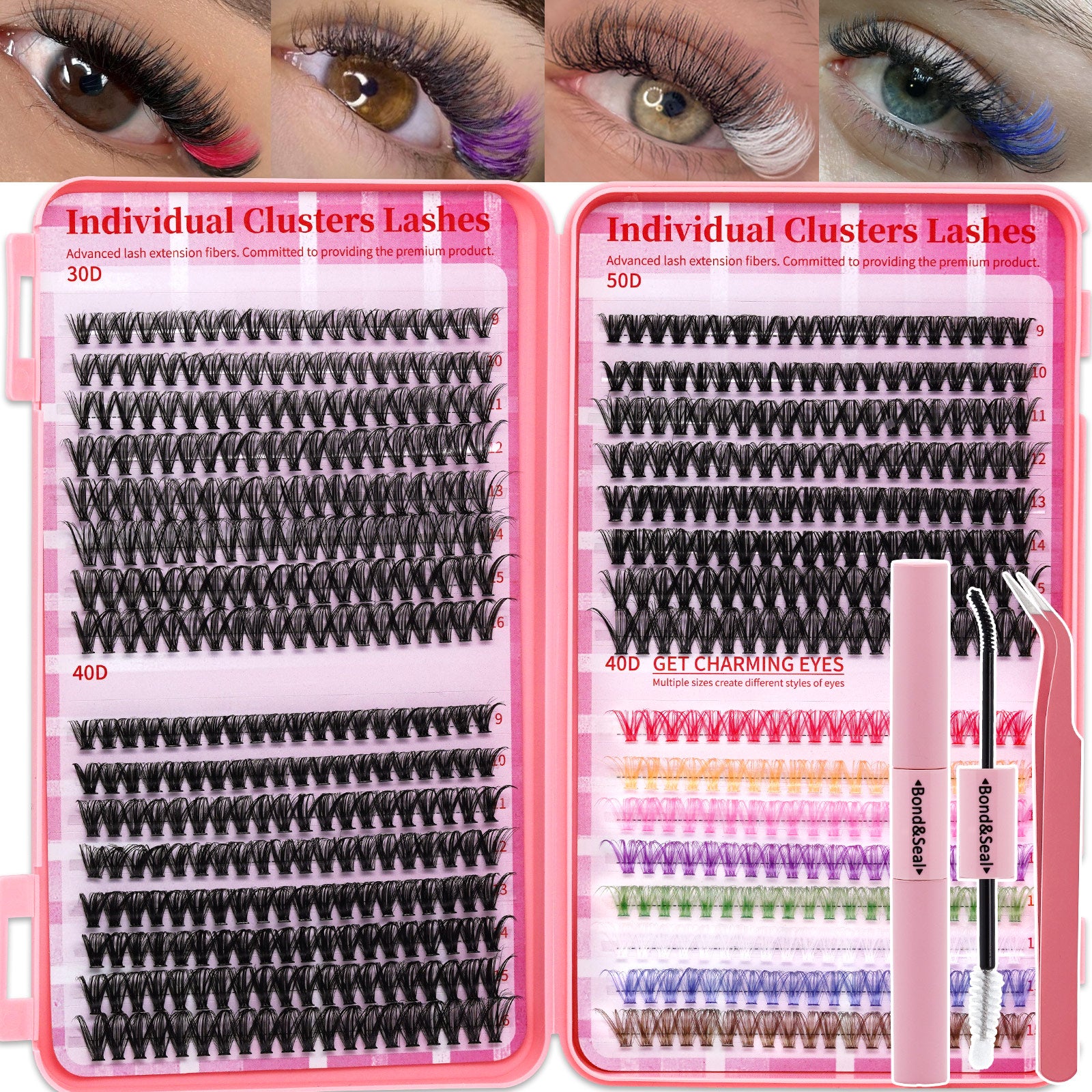 💖LASHSUN 640PCS Colored Lash Clusters DIY Extension Kit – D Curl Reusable Lash Clusters with Bond & Sea
