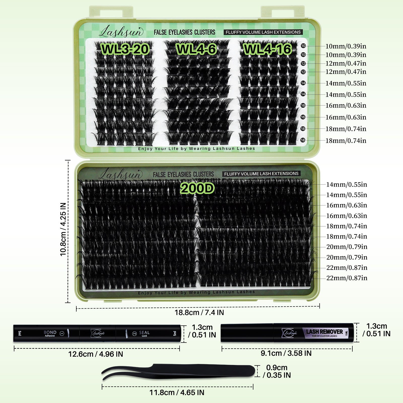 💫LASHSUN 540PCS D Curl Lash Extensions Kit – 3D Volume Individual Lash Clusters with Optional Tools