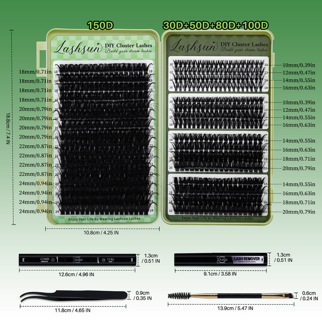 💫LASHSUN Mixed Cluster Lashes Kit – 30D to 150D Individual Lashes with Glue, Remover & Tools