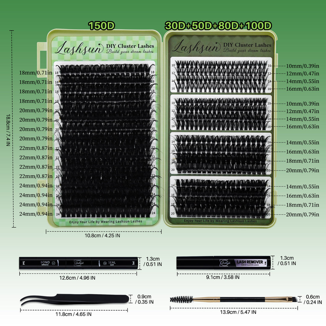 💫LASHSUN Mixed Cluster Lashes Kit – 30D to 150D Individual Lashes with Glue, Remover & Tools