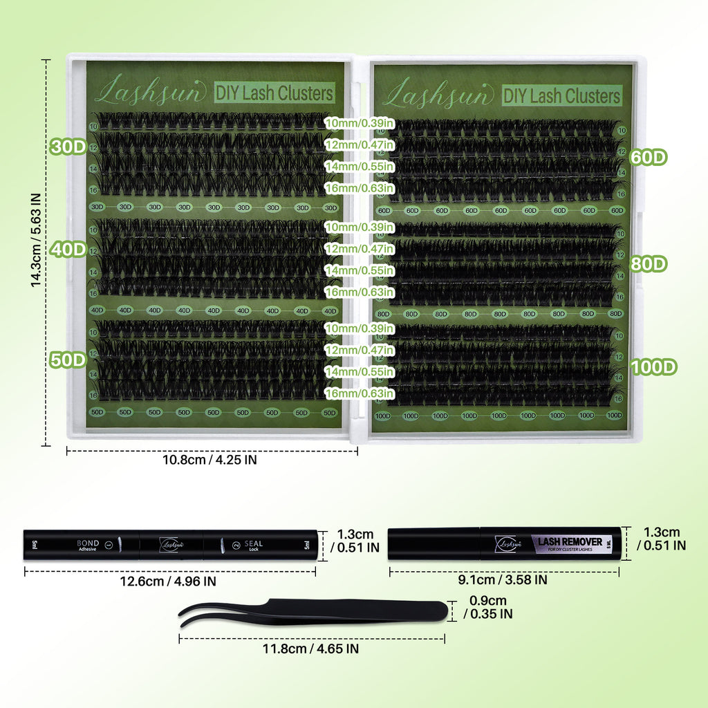💫LASHSUN 456PCS D Curl Cluster Lashes Kit with Bond & Seal, Remover & Tweezers