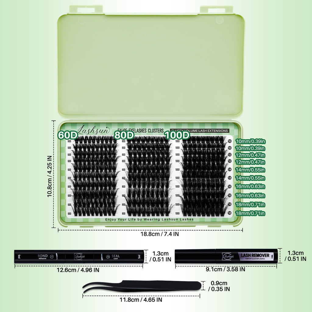 💫LASHSUN 280PCS D Curl Cluster Lashes Kit – 60D 80D 100D Volume with Bond & Seal