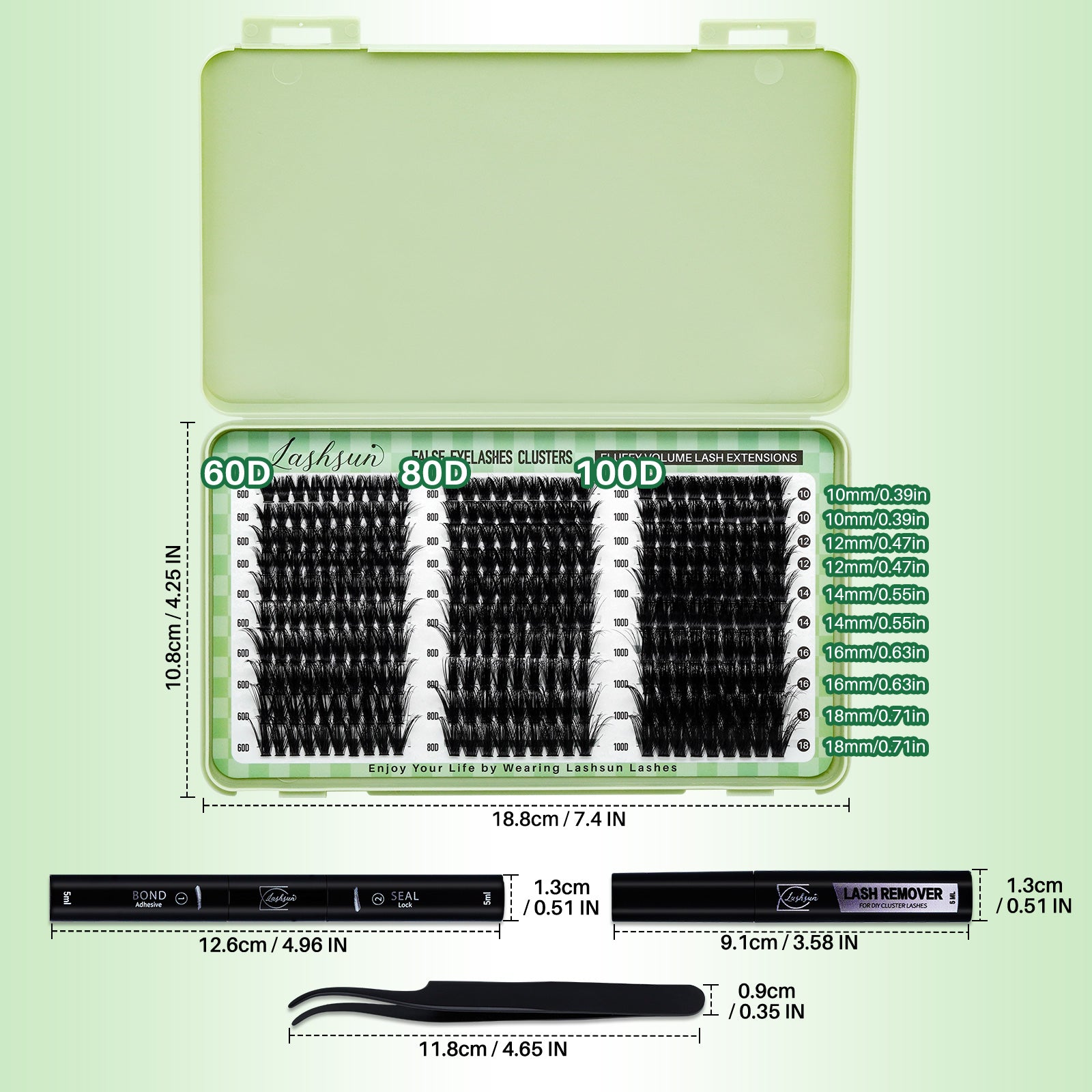 💫LASHSUN 280PCS D Curl Cluster Lashes Kit – 60D 80D 100D Volume with Bond & Seal