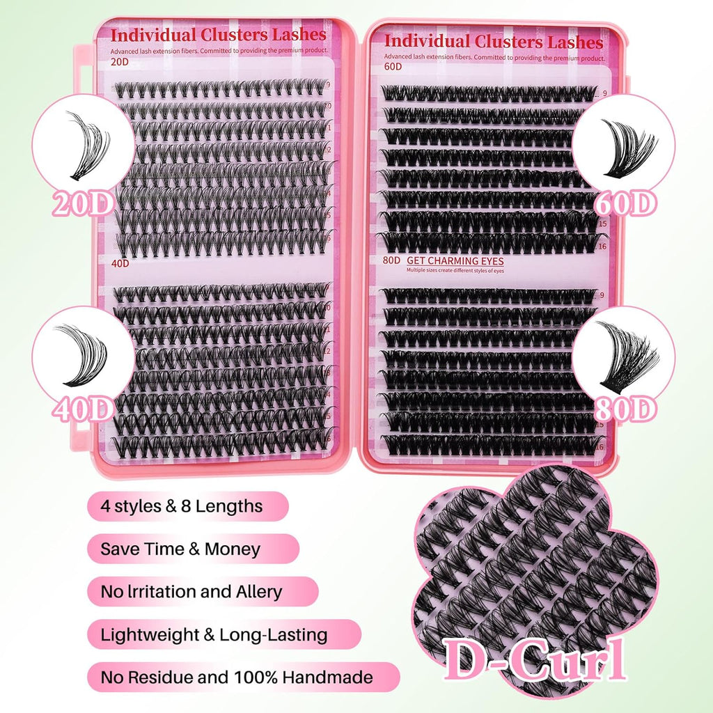 💖LASHSUN 640PCS DIY Lash Extension Kit – 20D + 40D + 60D + 80D Mixed Cluster Lashes