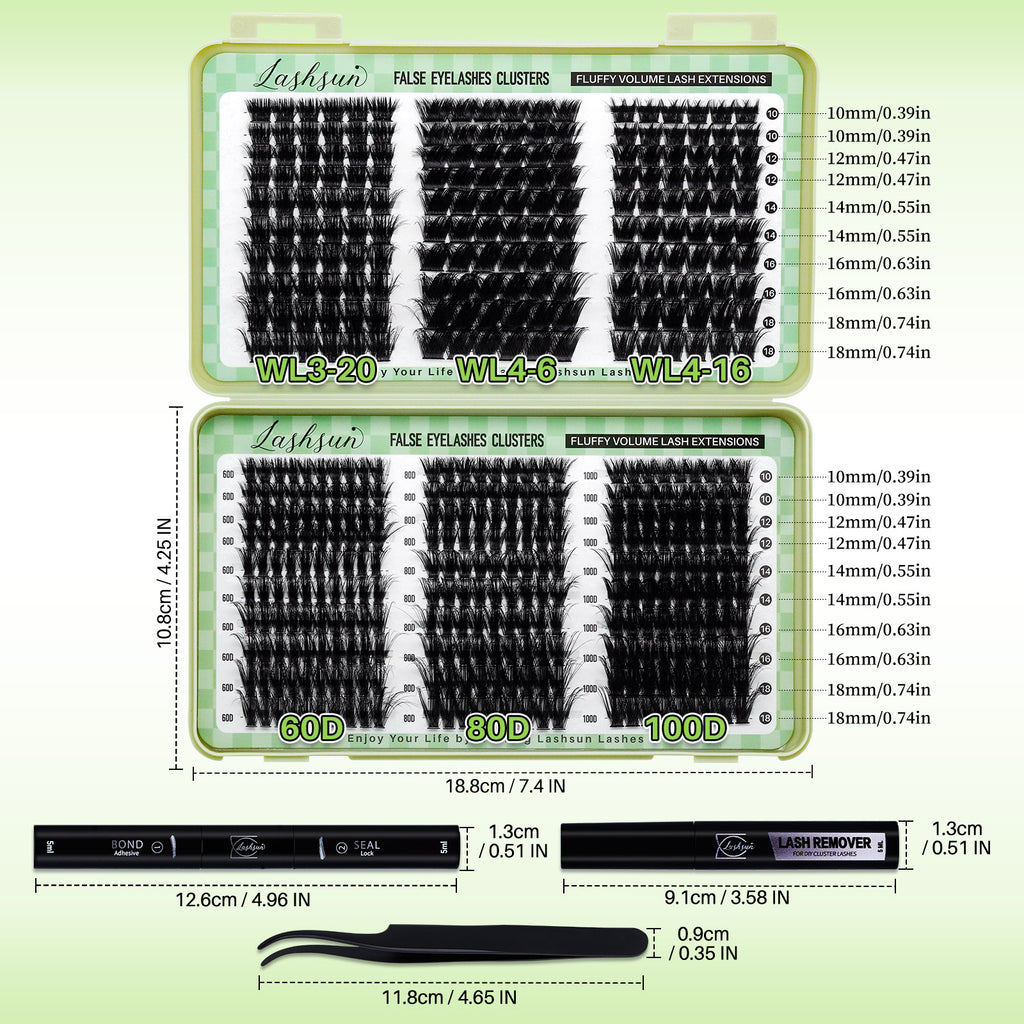 💫LASHSUN 460PCS D Curl Cluster Lashes Kit with Bond & Seal, Remover & Tweezers