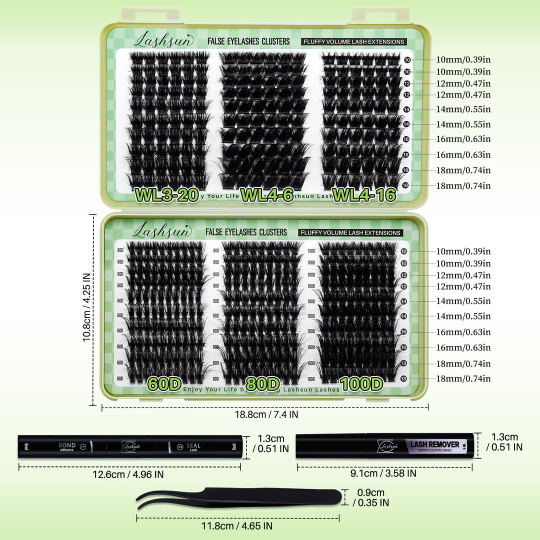 💫LASHSUN 460PCS D Curl Cluster Lashes Kit with Bond & Seal, Remover & Tweezers