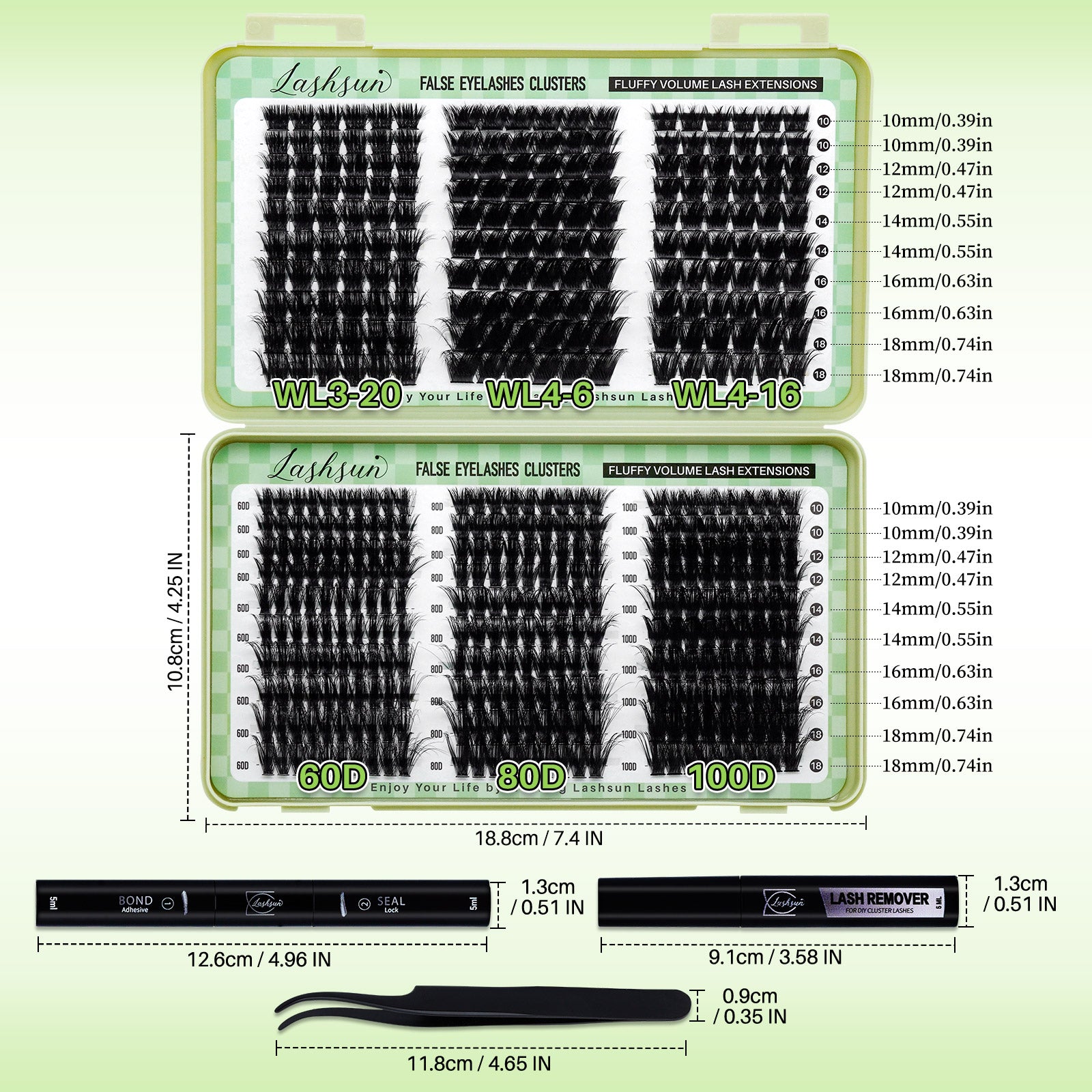 💫LASHSUN 460PCS D Curl Cluster Lashes Kit with Bond & Seal, Remover & Tweezers