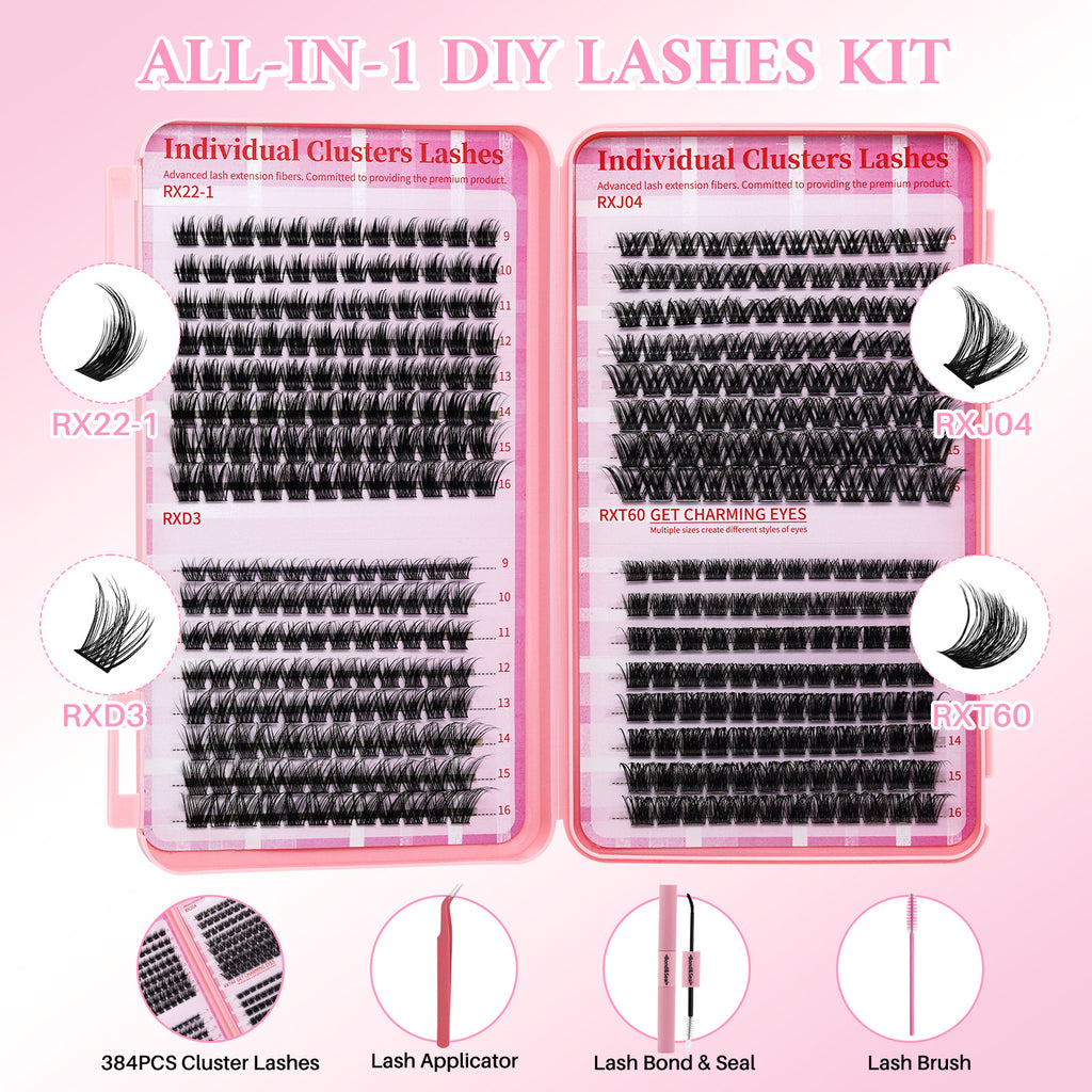 💖LASHSUN 384PCS D Curl Cluster Lashes Book Kit with Bond & Sea