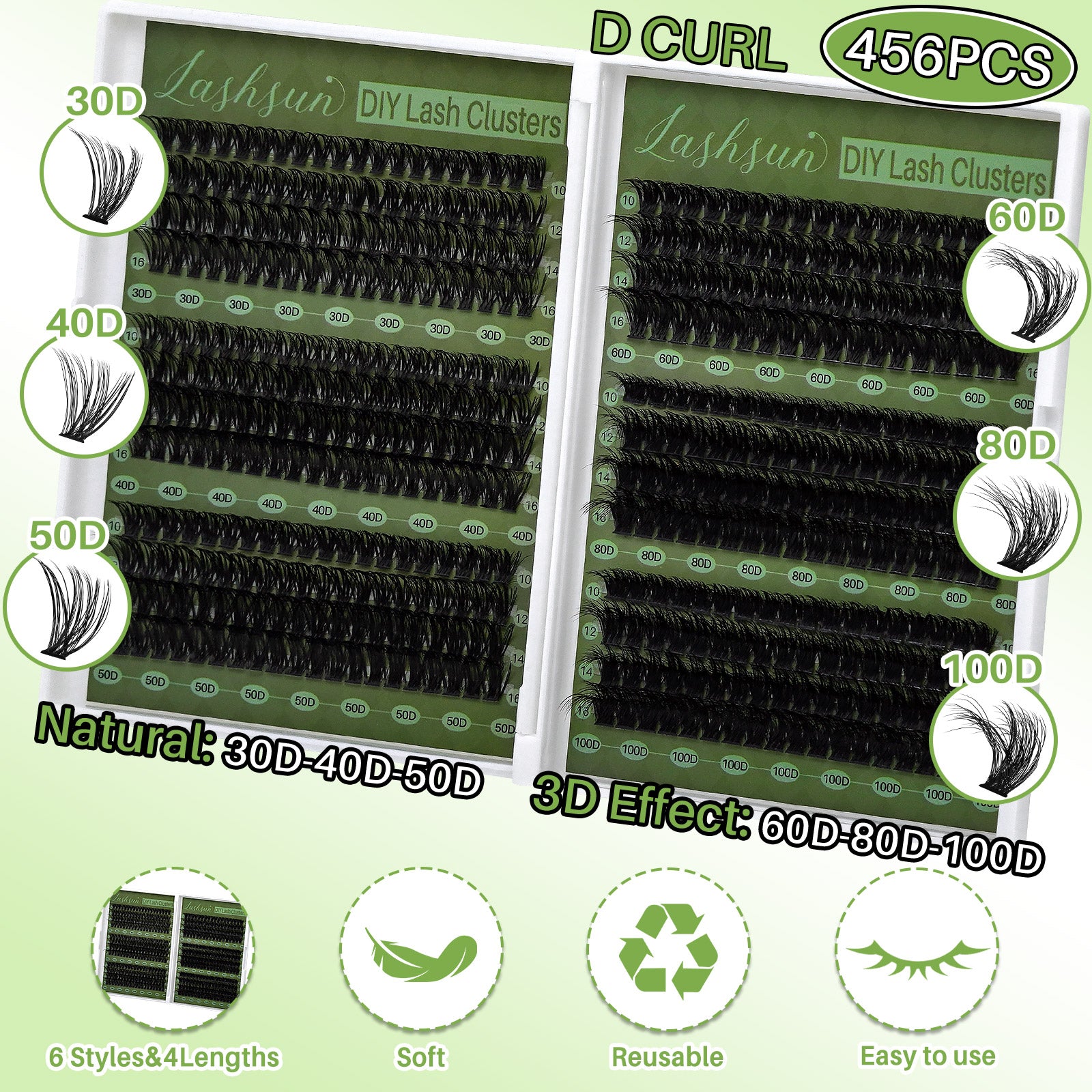 💫LASHSUN 456PCS D Curl Cluster Lashes Kit with Bond & Seal, Remover & Tweezers