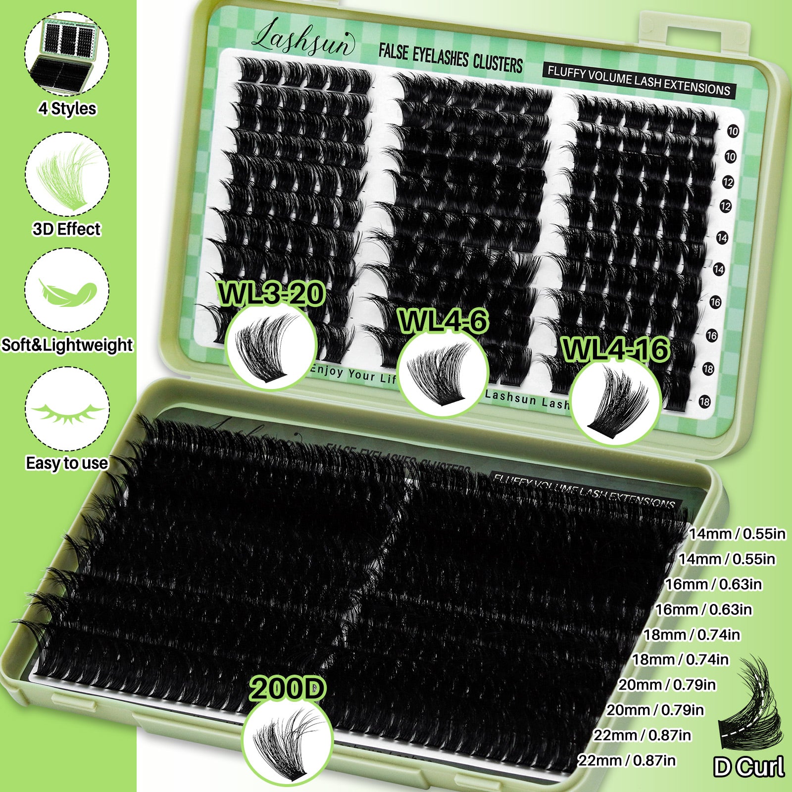 💫LASHSUN 540PCS D Curl Lash Extensions Kit – 3D Volume Individual Lash Clusters with Optional Tools