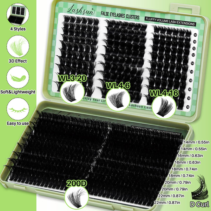 💫LASHSUN 540PCS D Curl Lash Extensions Kit – 3D Volume Individual Lash Clusters with Optional Tools