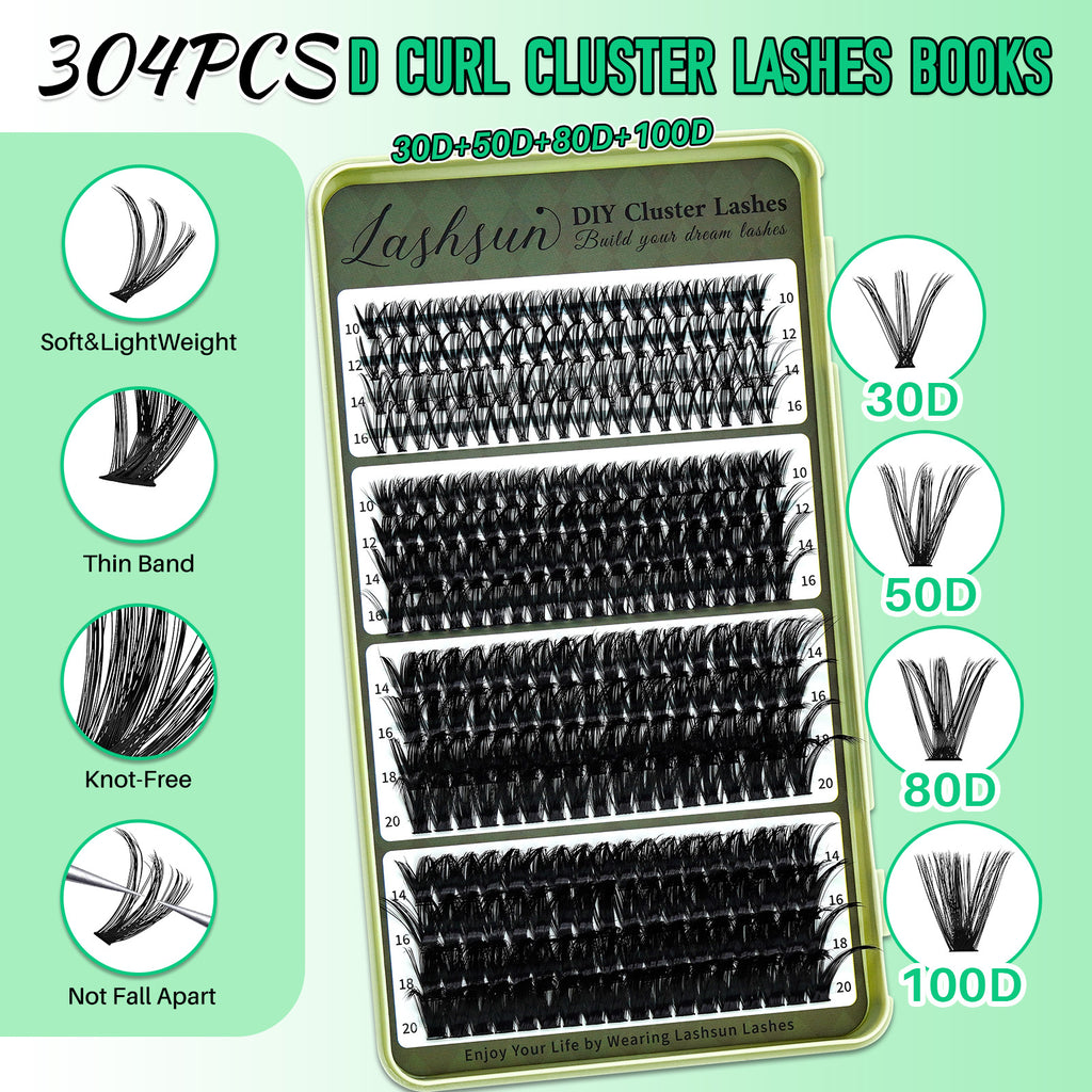 💫LASHSUN Cluster Lashes Washbag Kit – D Curl Lash Clusters with Bond & Seal & Travel Bag