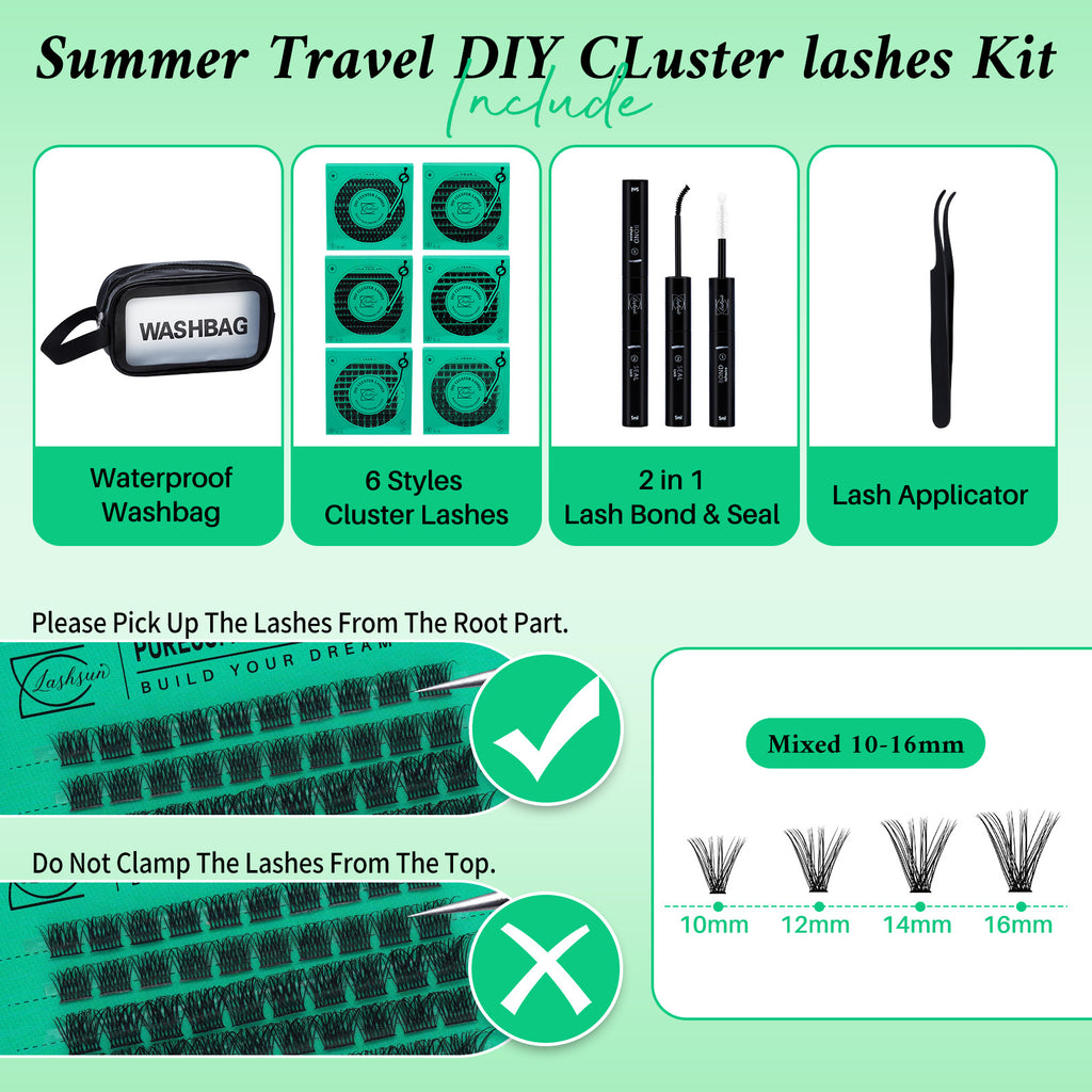 💫LASHSUN Lash Kit with Individual Lash Clusters, Bond & Seal, Tweezers and Travel Bag