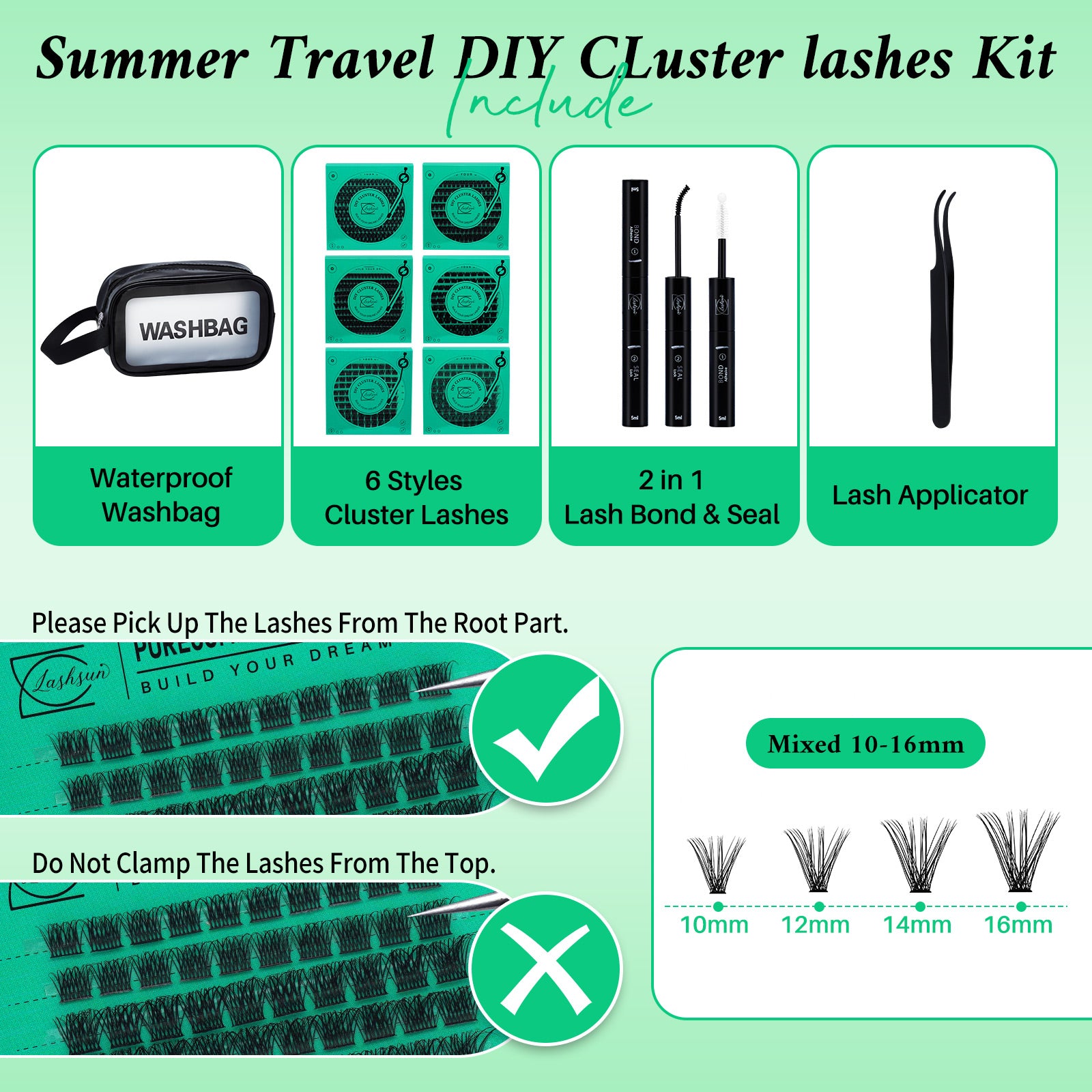 💫LASHSUN Lash Kit with Individual Lash Clusters, Bond & Seal, Tweezers and Travel Bag