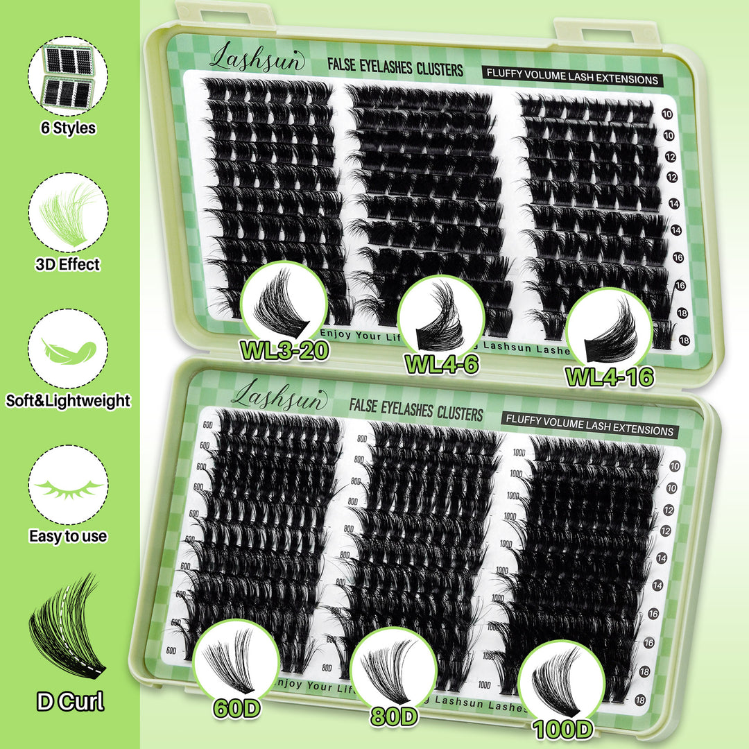 💫LASHSUN 460PCS D Curl Cluster Lashes Kit with Bond & Seal, Remover & Tweezers