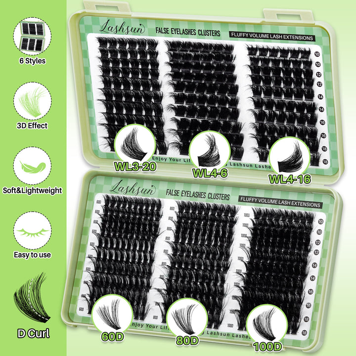 💫LASHSUN 460PCS D Curl Cluster Lashes Kit with Bond & Seal, Remover & Tweezers
