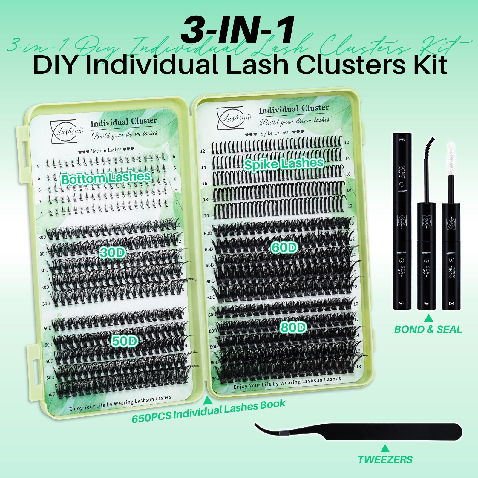 💫LASHSUN 650PCS D Curl Individual Lashes Book Kit with Bond & Seal