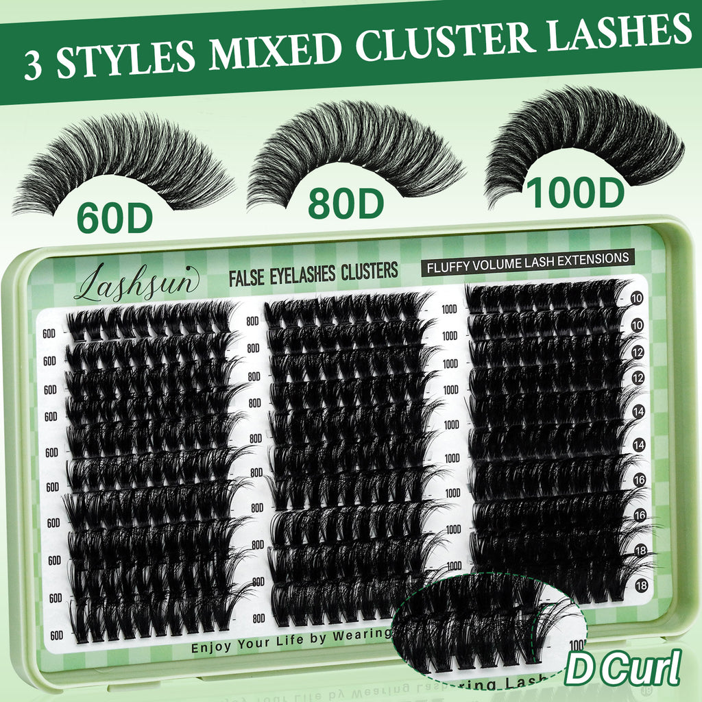 💫LASHSUN 280PCS D Curl Cluster Lashes Kit – 60D 80D 100D Volume with Bond & Seal