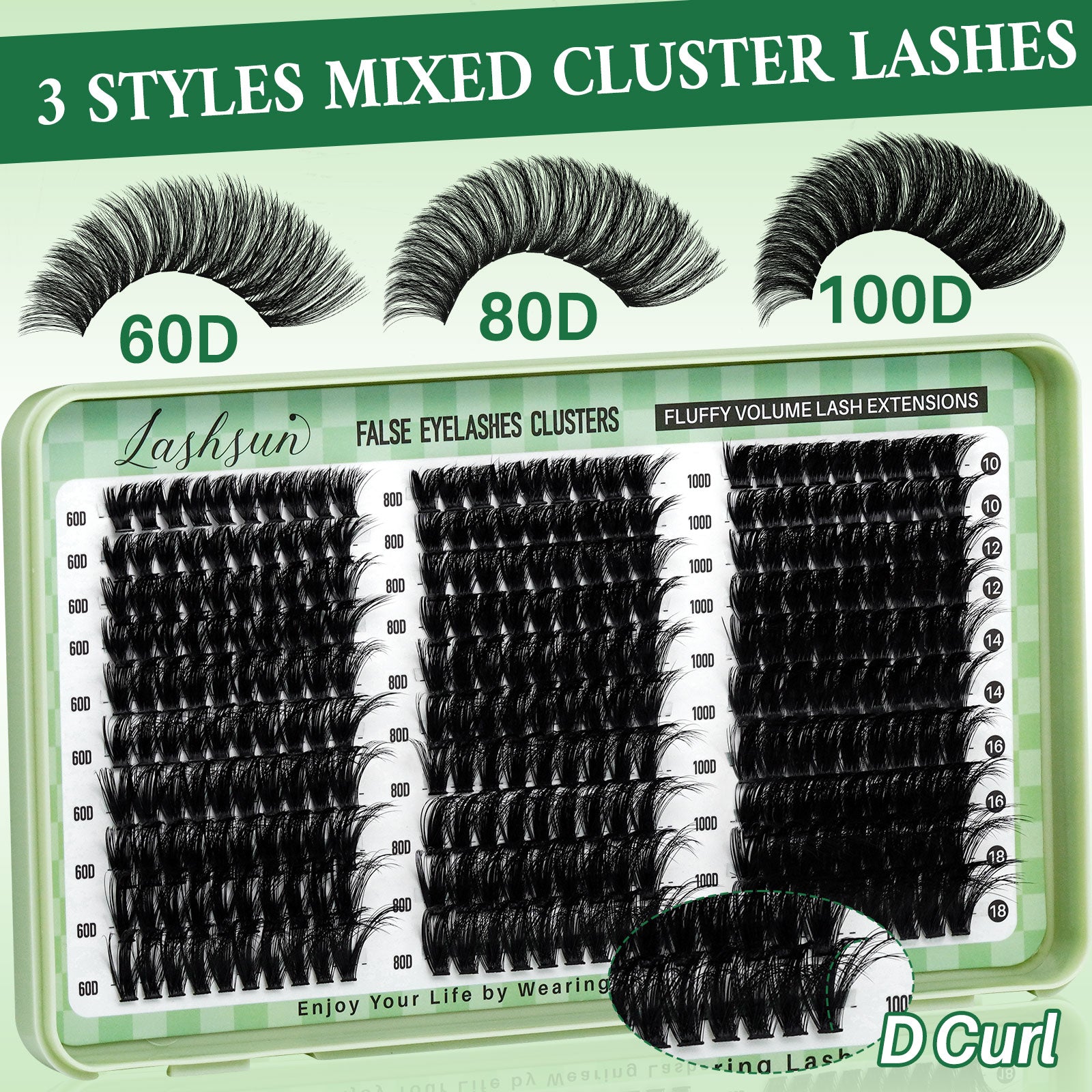 💫LASHSUN 280PCS D Curl Cluster Lashes Kit – 60D 80D 100D Volume with Bond & Seal