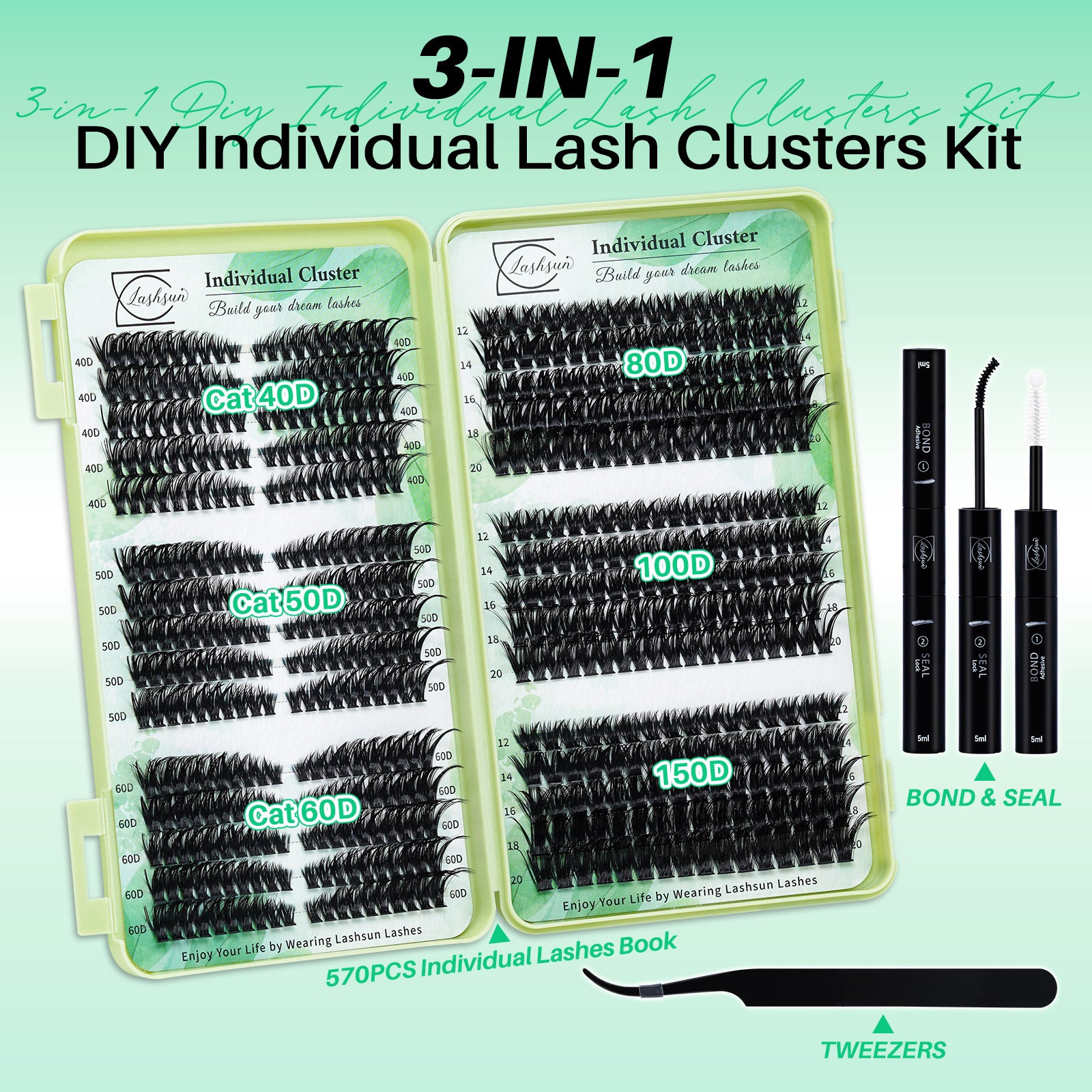 💫LASHSUN 570PCS D Curl Individual Lashes Book Kit with Bond & Sea