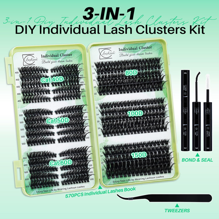💫LASHSUN 570PCS D Curl Individual Lashes Book Kit with Bond & Sea