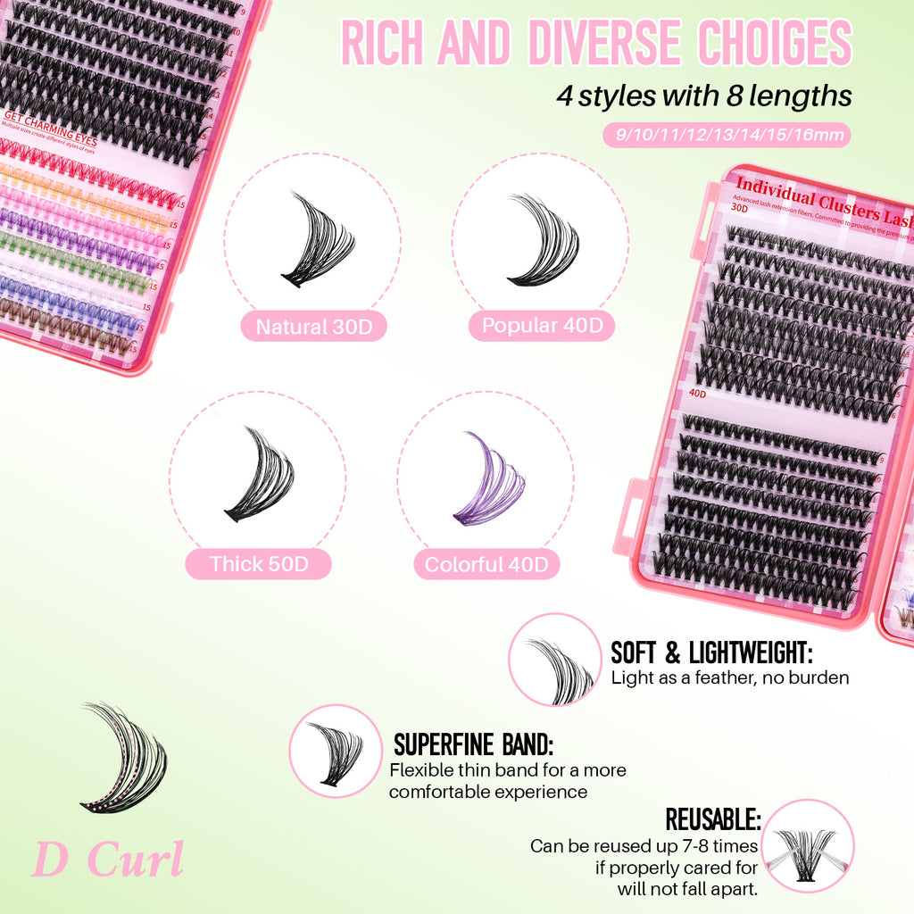 💖LASHSUN 640PCS Colored Lash Clusters DIY Extension Kit – D Curl Reusable Lash Clusters with Bond & Sea