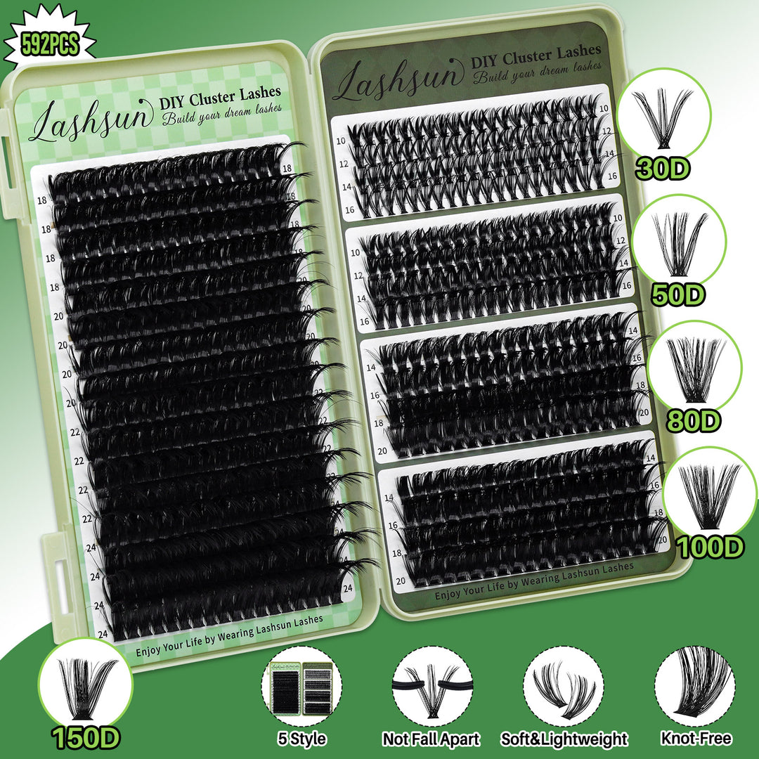 💫LASHSUN Mixed Cluster Lashes Kit – 30D to 150D Individual Lashes with Glue, Remover & Tools