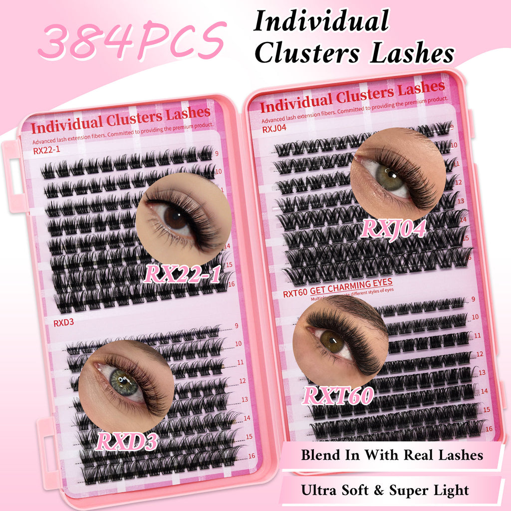 💖LASHSUN 384PCS D Curl Cluster Lashes Book Kit with Bond & Sea