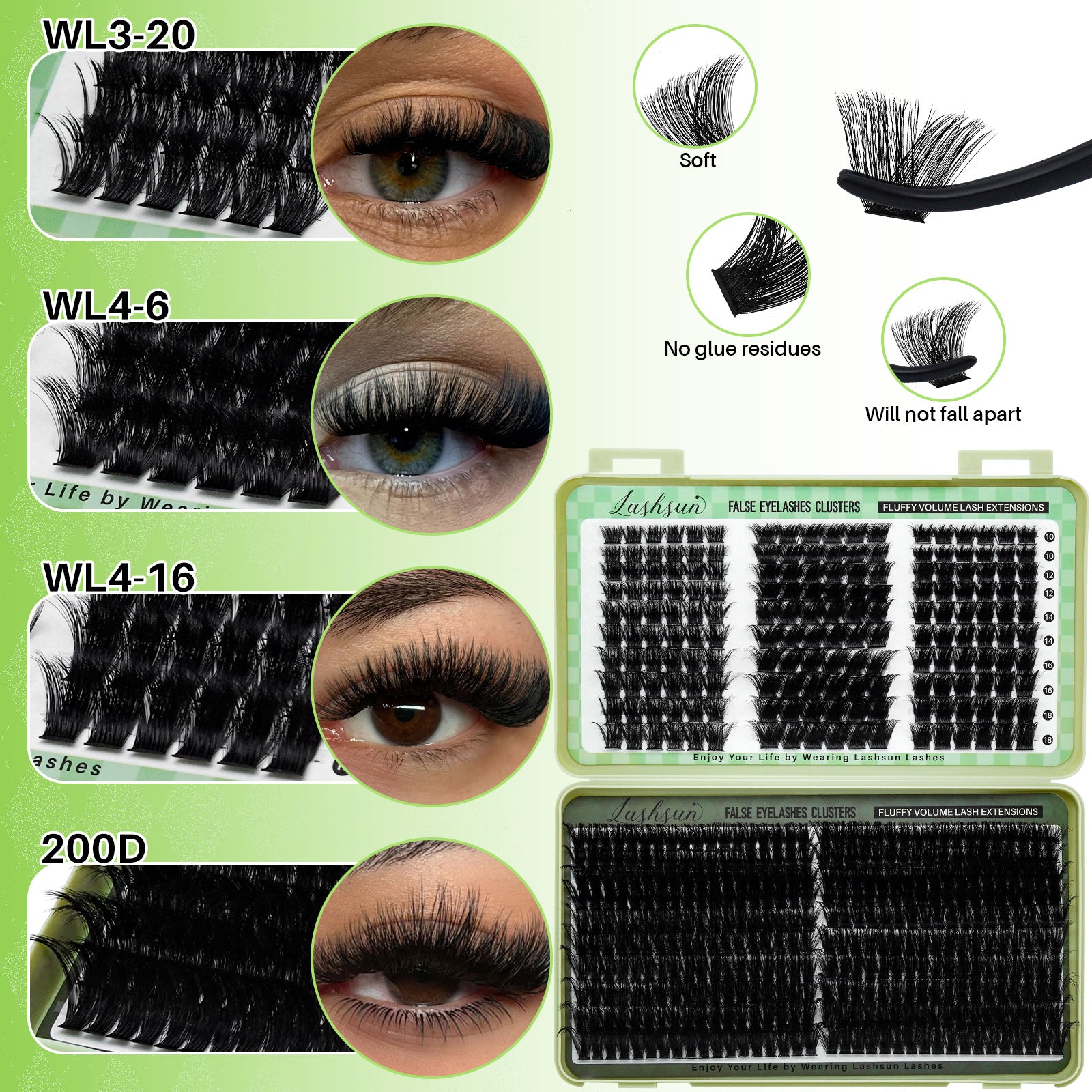💫LASHSUN 540PCS D Curl Lash Extensions Kit – 3D Volume Individual Lash Clusters with Optional Tools