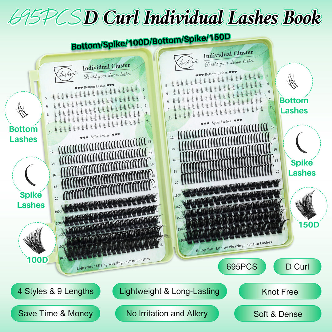 💫LASHSUN 695PCS D Curl Individual Lashes Book Kit with Bond & Seal
