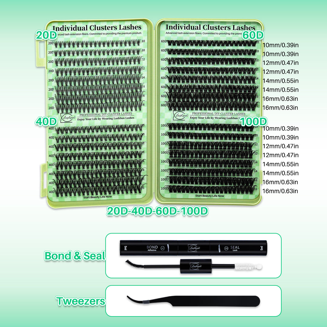🎀LASHSUN Wispy Lash Clusters Kit 20D-40D-60D-100D with Bond & Seal