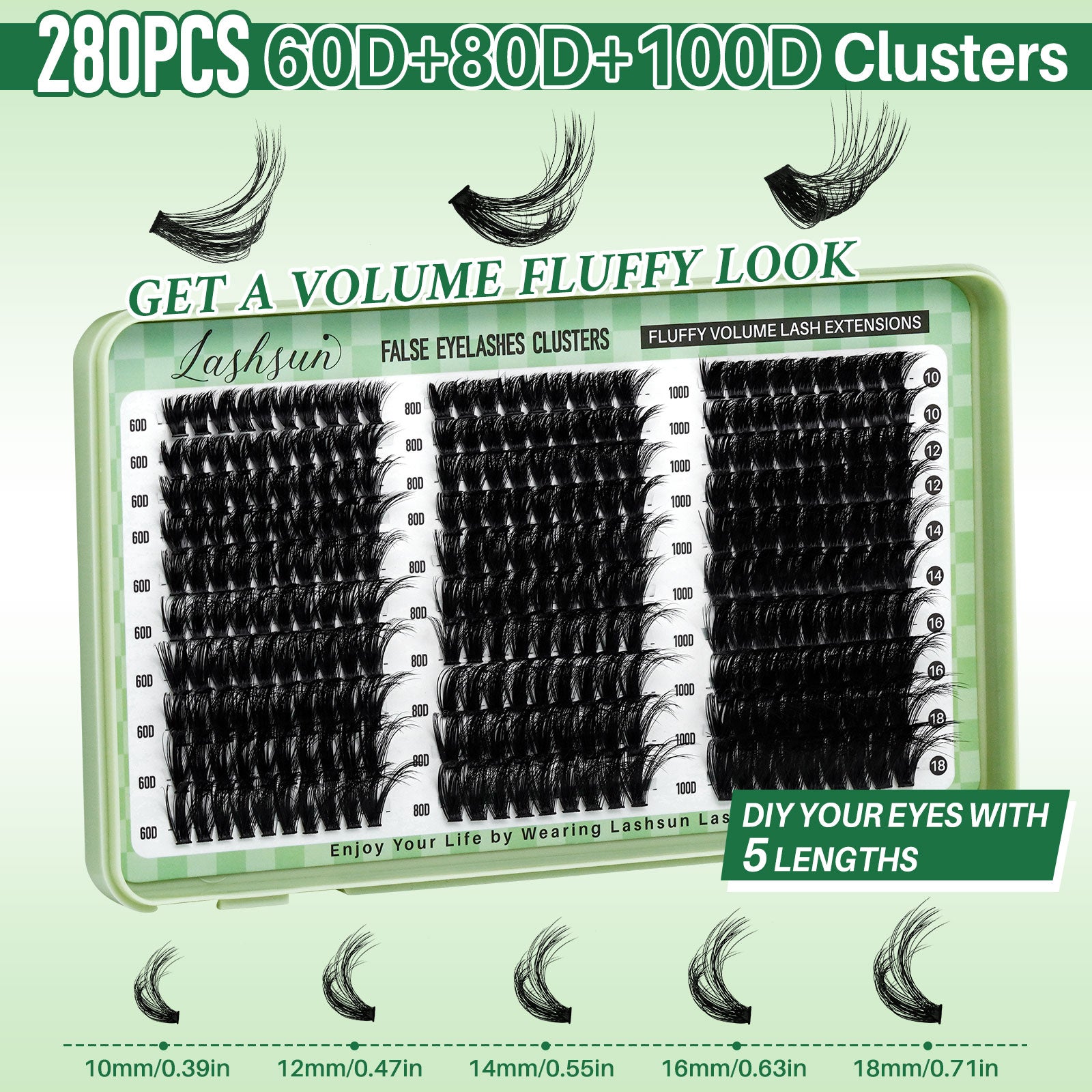 💫LASHSUN 280PCS D Curl Cluster Lashes Kit – 60D 80D 100D Volume with Bond & Seal