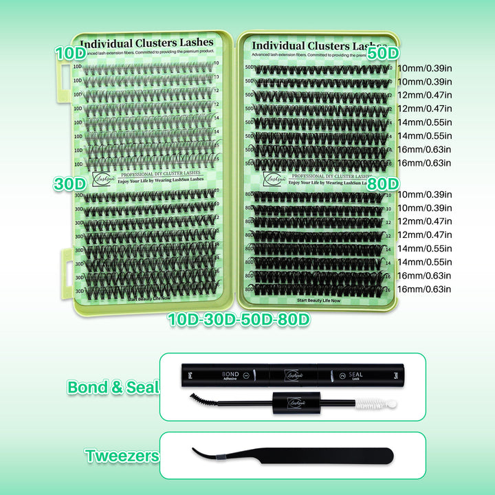 🎀LASHSUN Wispy Lash Clusters Kit 10D-30D-50D-80D with Bond & Seal
