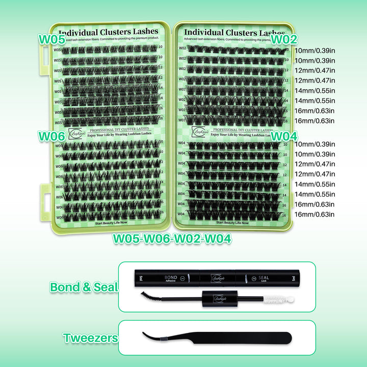 🎀LASHSUN Wispy Lash Clusters Kit W02-W06 with Bond & Seal & Tweezers