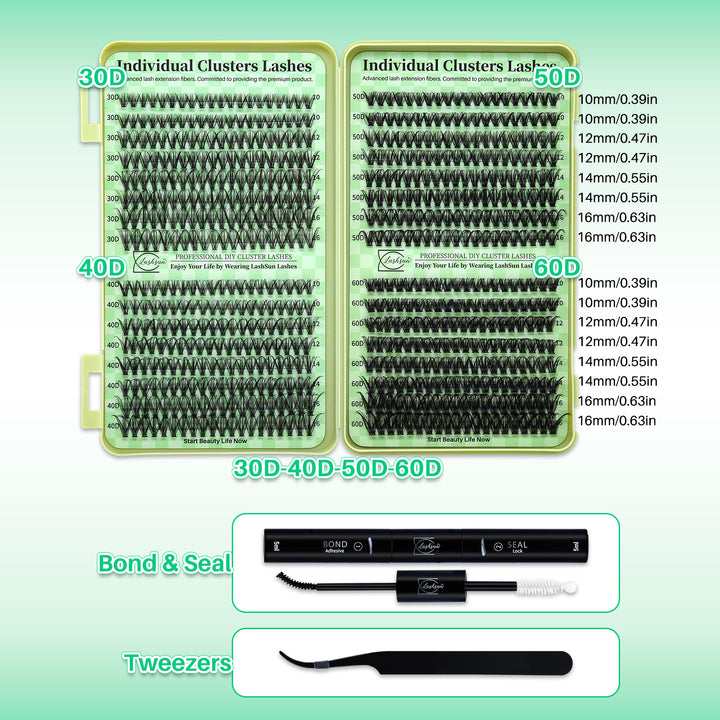 🎀LASHSUN Wispy Lash Clusters Kit 30D-40D-50D-60D with Bond & Seal