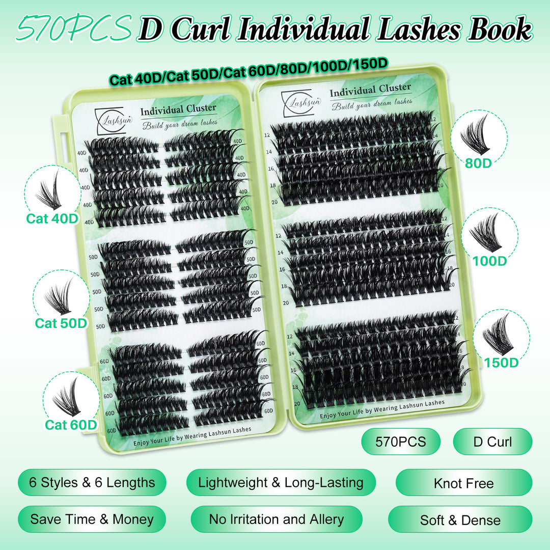 💫LASHSUN 570PCS D Curl Individual Lashes Book Kit with Bond & Sea
