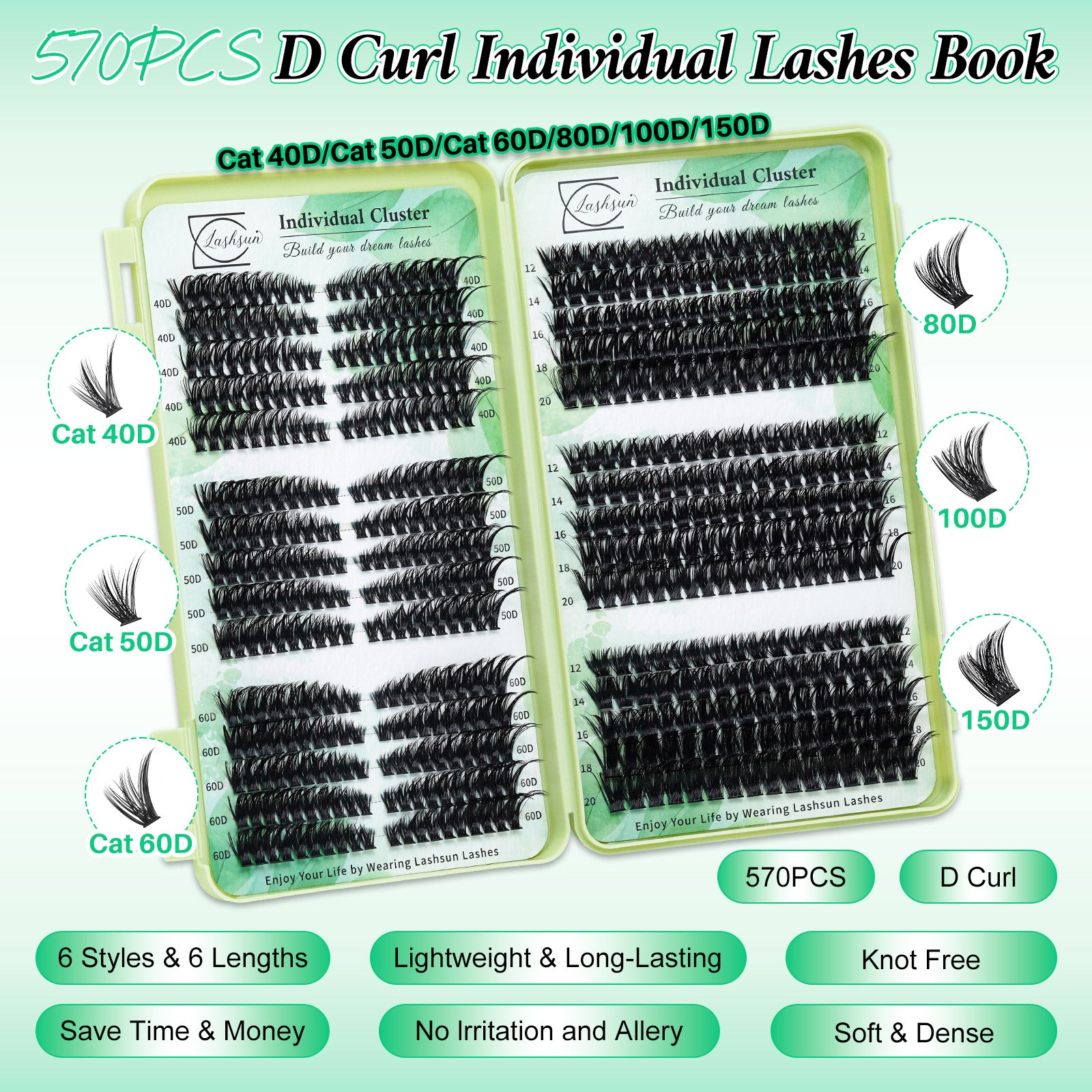 💫LASHSUN 570PCS D Curl Individual Lashes Book Kit with Bond & Sea