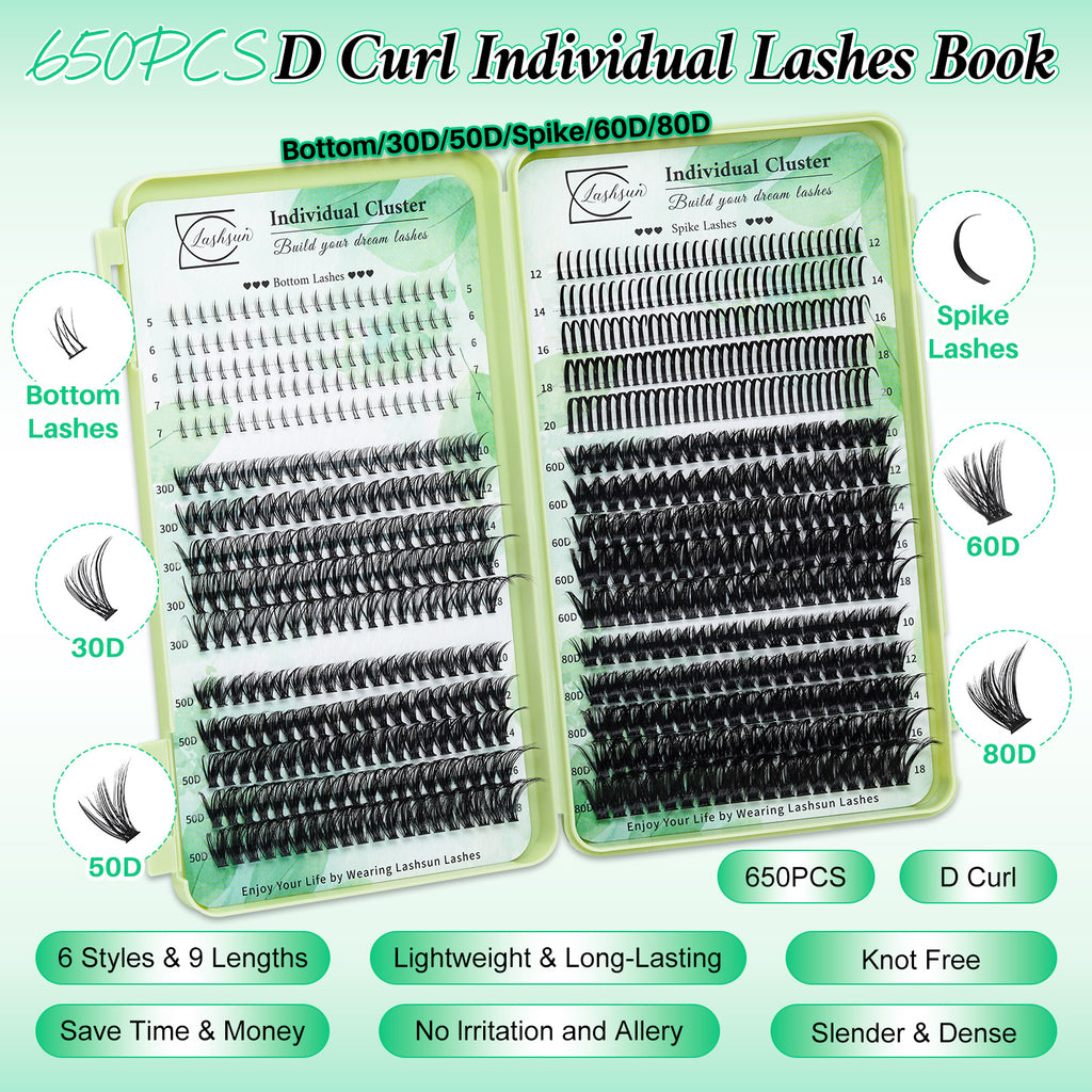 💫LASHSUN 650PCS D Curl Individual Lashes Book Kit with Bond & Seal